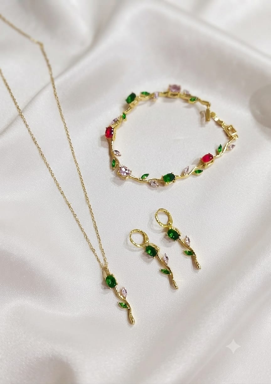 Exquisite Tulip Jewellery Set Green Red Mix variant - floral vine necklace, bracelet and drop earrings | Buy online in Pakistan