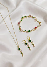 Exquisite Tulip Jewellery Set Green Red Mix variant - floral vine necklace, bracelet and drop earrings | Buy online in Pakistan