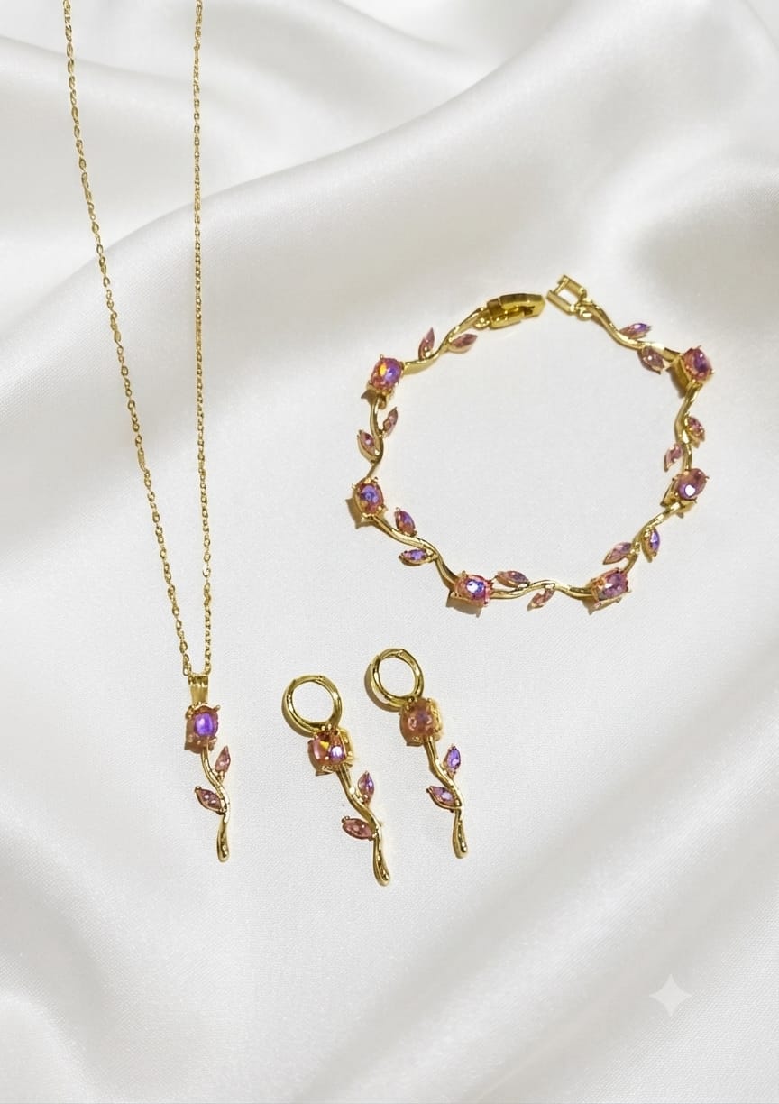 Exquisite Tulip Jewellery Set Pink Purple variant - floral vine necklace, bracelet and drop earrings | Buy online in Pakistan