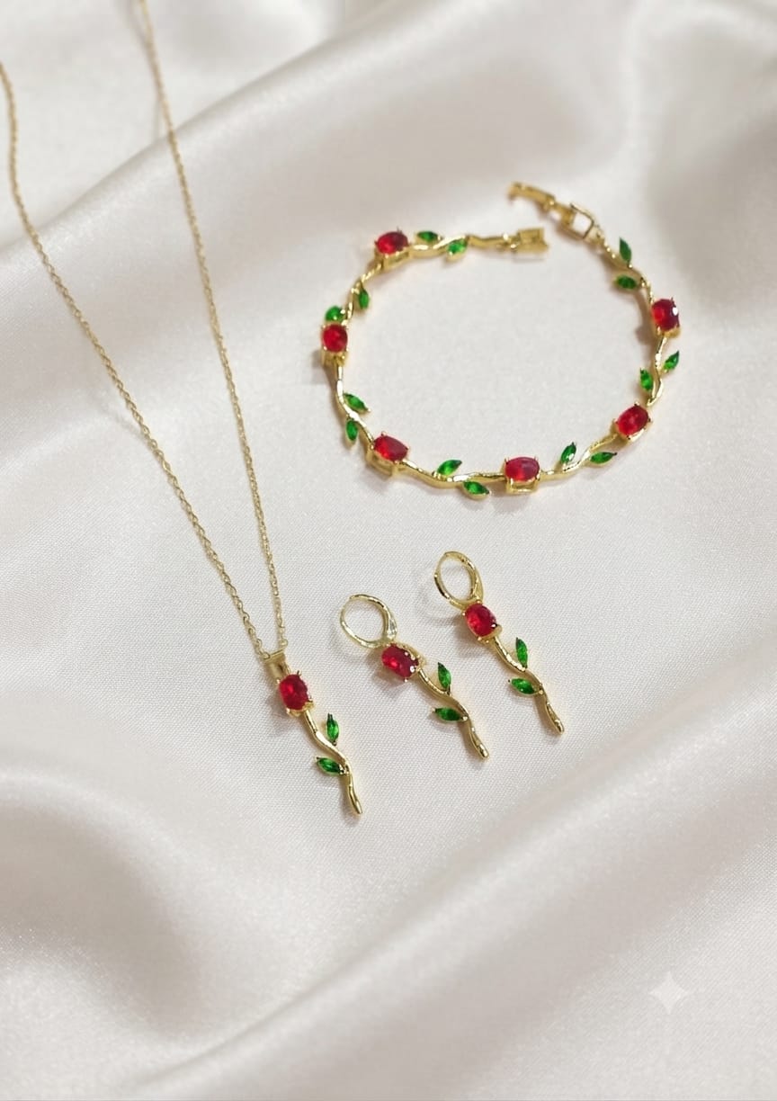 Exquisite Tulip Jewellery Set Ruby Red variant - floral vine necklace, bracelet and drop earrings | Buy online in Pakistan