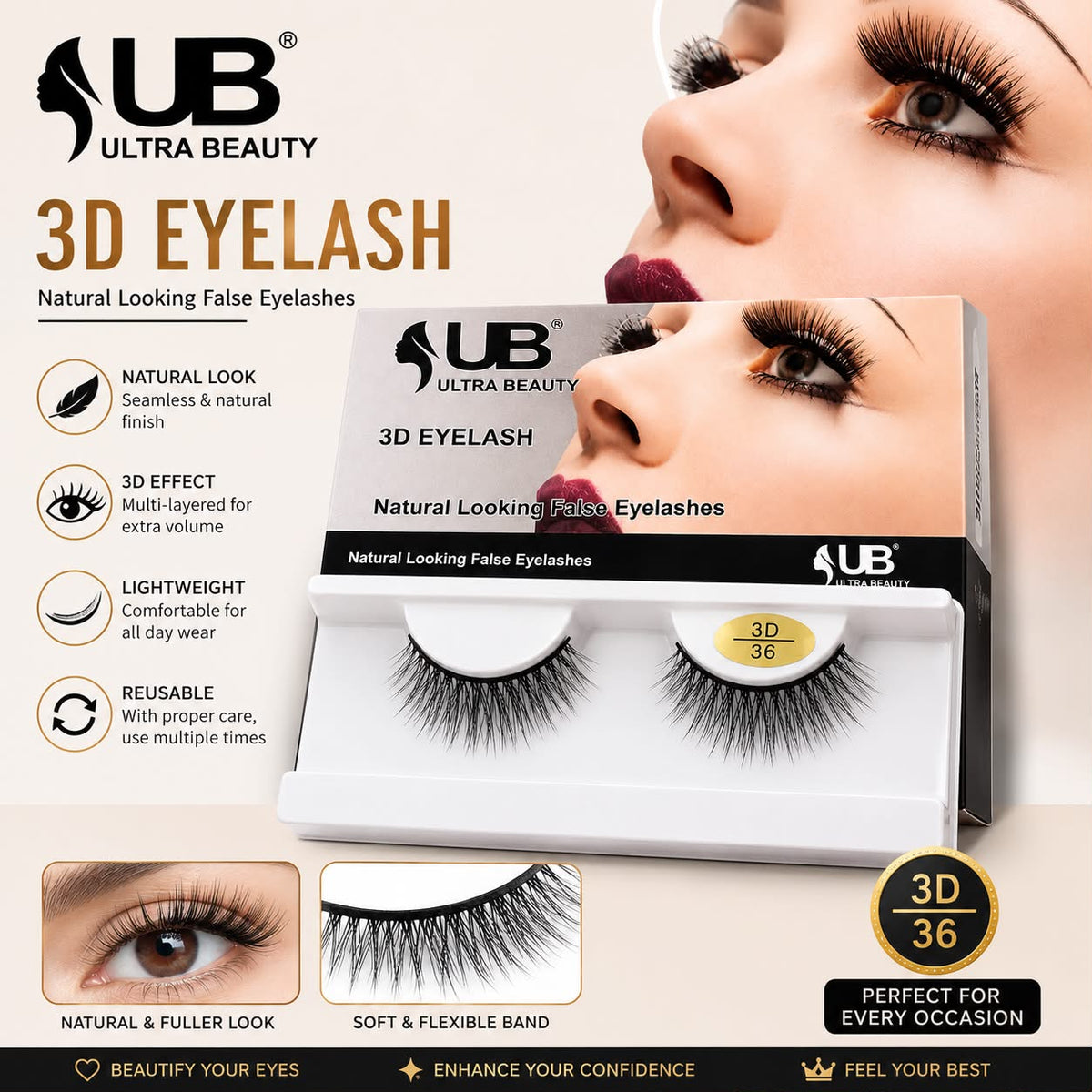 Ultra Beauty 3D eyelash style 36 — natural looking false eyelashes online in Pakistan