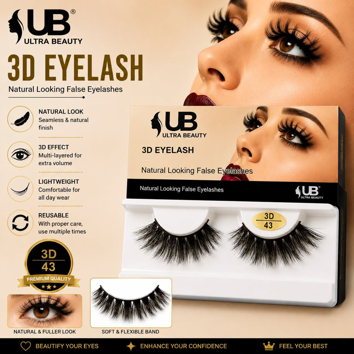 Ultra Beauty 3D eyelash style 43 — natural looking false eyelashes online in Pakistan